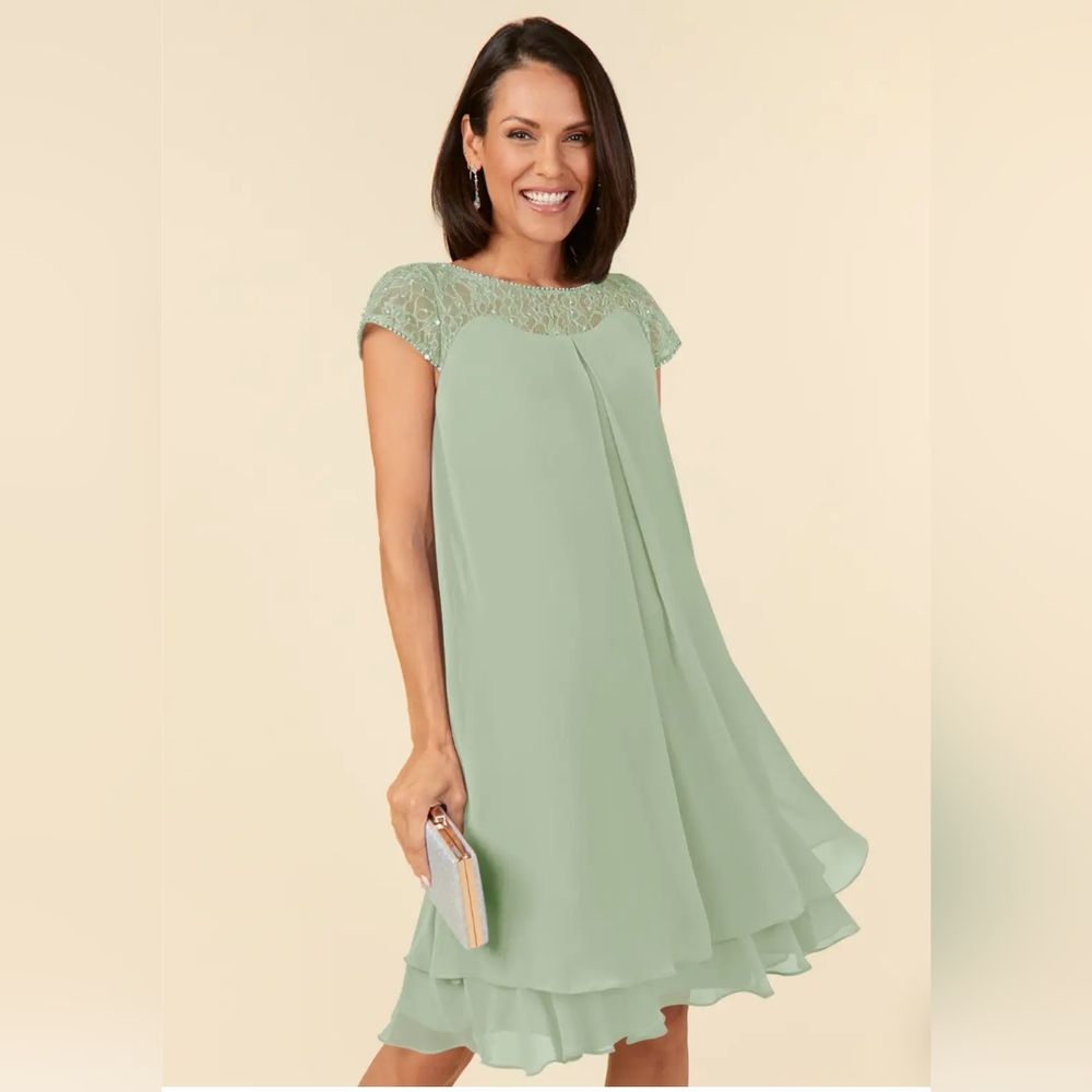 Azazie Tess Empire Sequins Chiffon Knee-Length Dress Dusty Sage A14